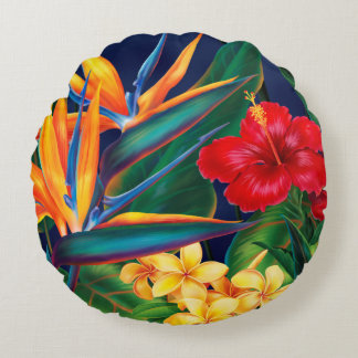 Tropical Paradise Hawaiian Floral Round Pillow