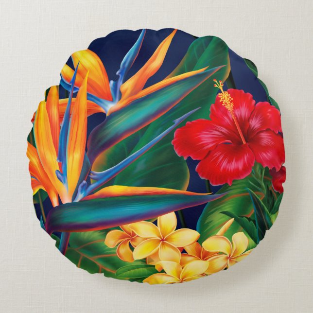 Tropical Paradise Hawaiian Floral Round Pillow (Front)