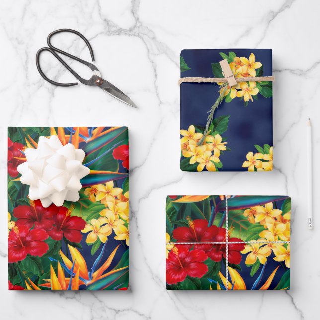 Tropical Paradise Hawaiian Floral Small Trio Wrapping Paper Sheets (Front)