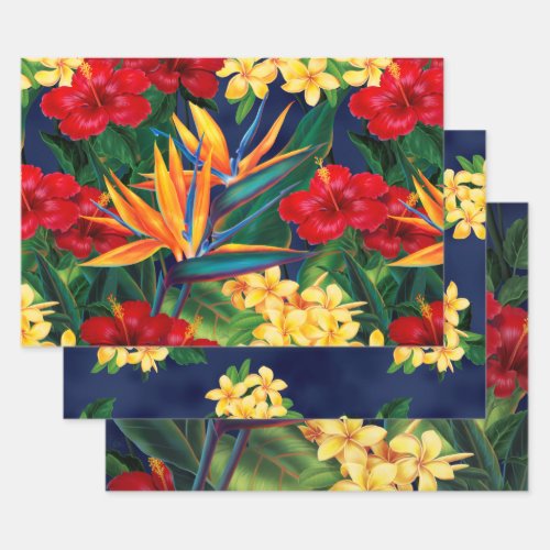 Tropical Paradise Hawaiian Floral Trio Wrapping Paper Sheets