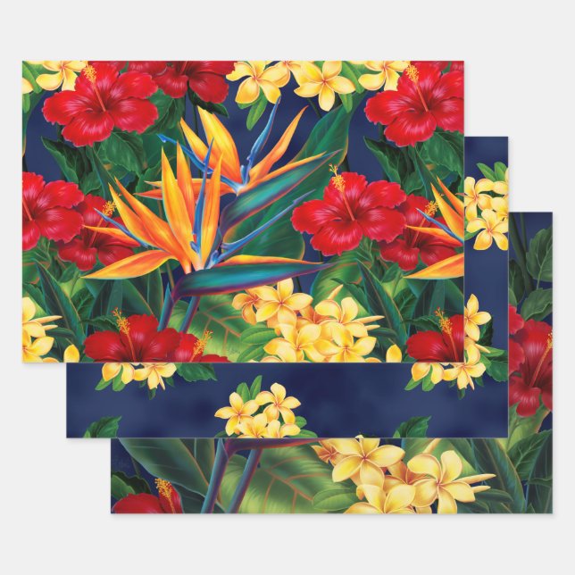 Tropical Paradise Hawaiian Floral Trio Wrapping Paper Sheets (Set)
