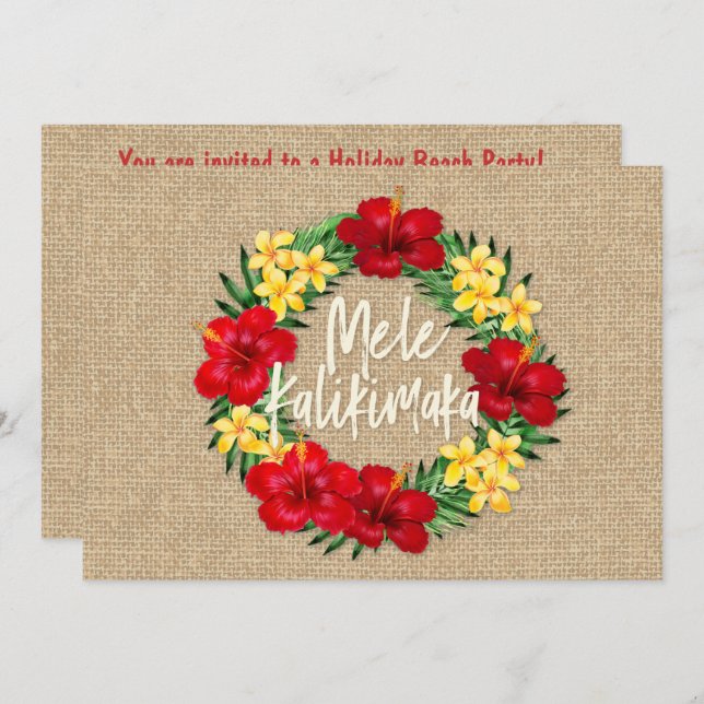 Tropical Paradise Hawaiian Holiday Wreath Burlap Invitation (Front/Back)