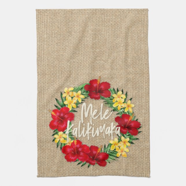 Tropical Paradise Hawaiian Holiday Wreath Burlap Kitchen Towel (Vertical)