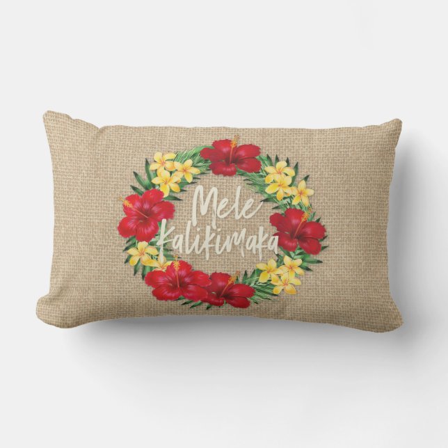 Tropical Paradise Hawaiian Holiday Wreath Burlap Lumbar Pillow (Front)