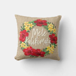 Tropical Paradise Hawaiian Holiday Wreath Burlap Outdoor Pillow