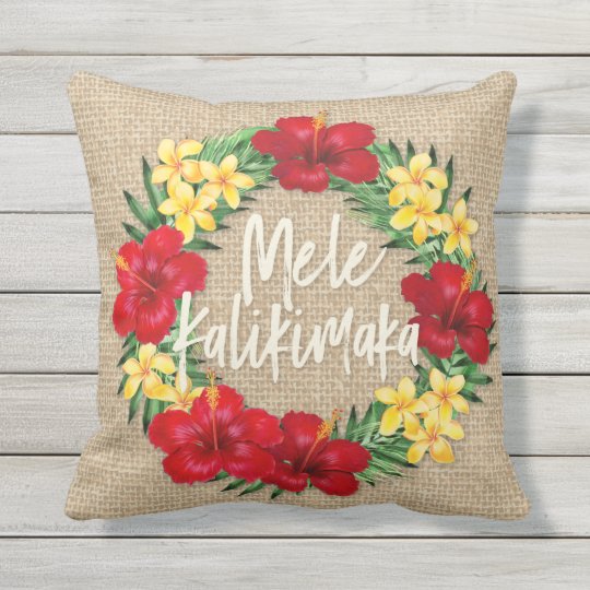 Tropical Paradise Hawaiian Holiday Wreath Burlap Outdoor Pillow