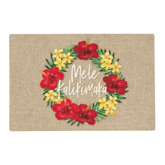 Tropical Paradise Hawaiian Holiday Wreath Burlap Placemat (Front)