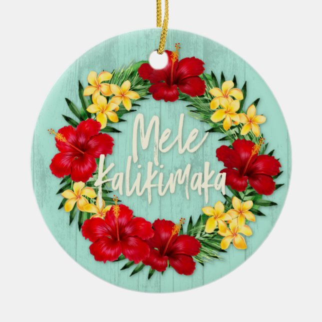 Tropical Paradise Hawaiian Holiday Wreath Wood Ceramic Ornament (Front)