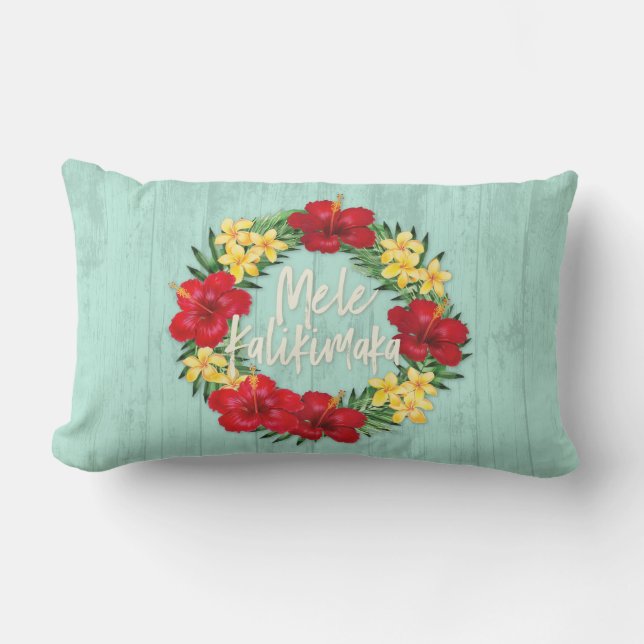 Tropical Paradise Hawaiian Holiday Wreath Wood Lumbar Pillow (Front)