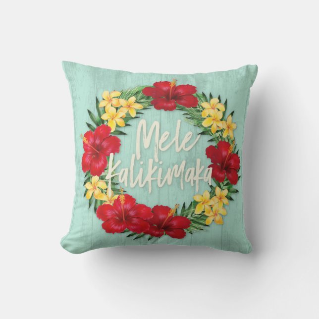 Tropical Paradise Hawaiian Holiday Wreath Wood Outdoor Pillow (Front)