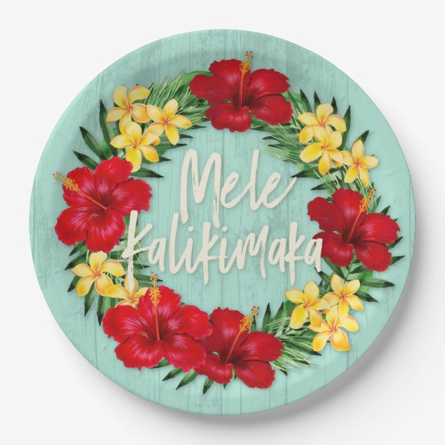 Tropical Paradise Hawaiian Holiday Wreath Wood Paper Plates (Front)