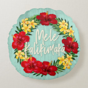Tropical Paradise Hawaiian Holiday Wreath Wood Round Pillow