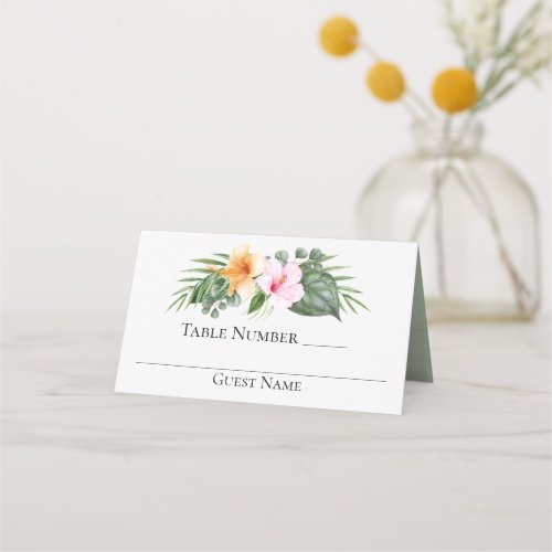 Tropical Paradise Hibiscus and Palms Wedding Place Card