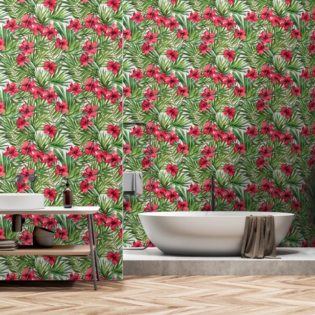 Tropical paradise hibiscus flower coastal beach  wallpaper  (Bathroom)