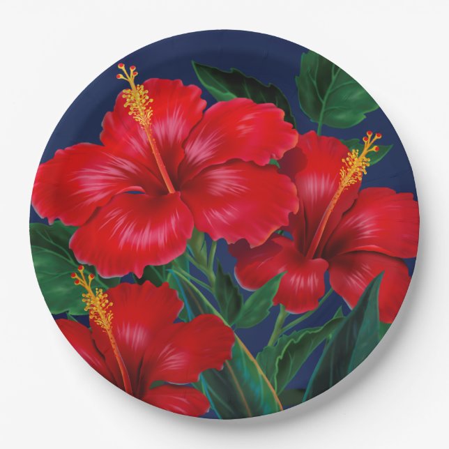 Tropical Paradise Hibiscus Hawaiian Paper Plates (Front)