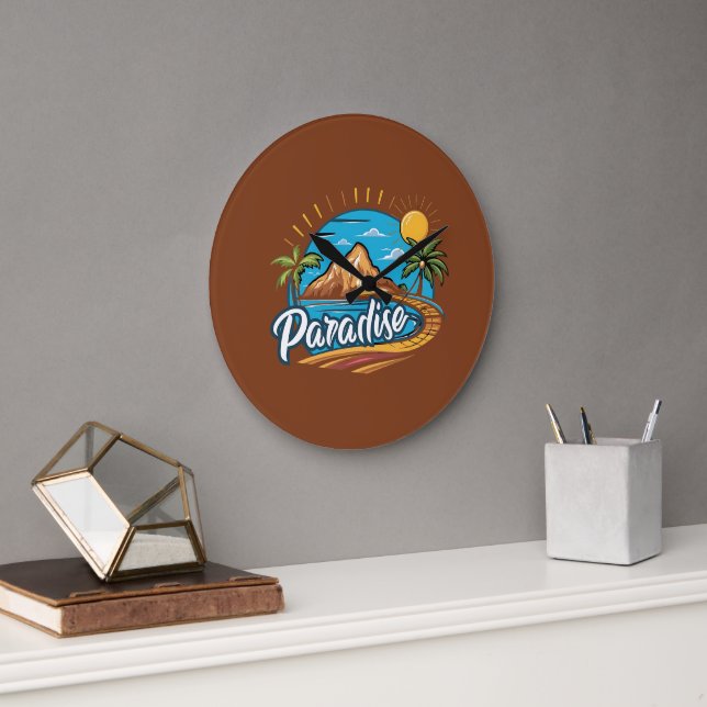 Tropical Paradise Island Logo Art Large Clock (Office)