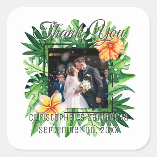 Tropical paradise jungle leaves DIY photo white Square Sticker