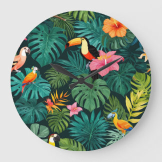 Tropical Paradise Jungle Pattern Large Clock