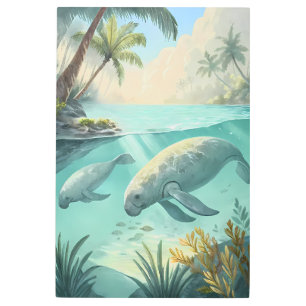 Tropical Paradise: Manatees in the Lagoon Metal Print