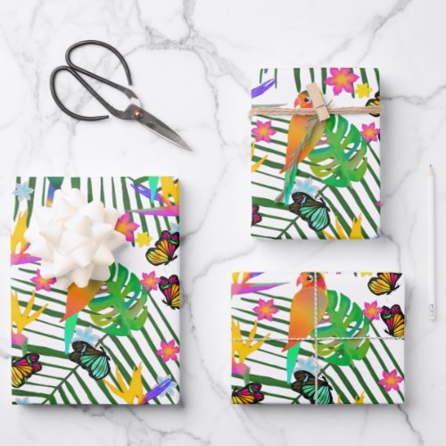 Tropical Paradise Palm Green Leaves Floral Birds Wrapping Paper Sheets