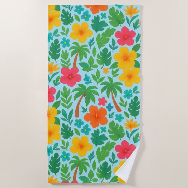 Tropical Paradise – Palm Leaves & Hibiscus Pattern Beach Towel (Front)