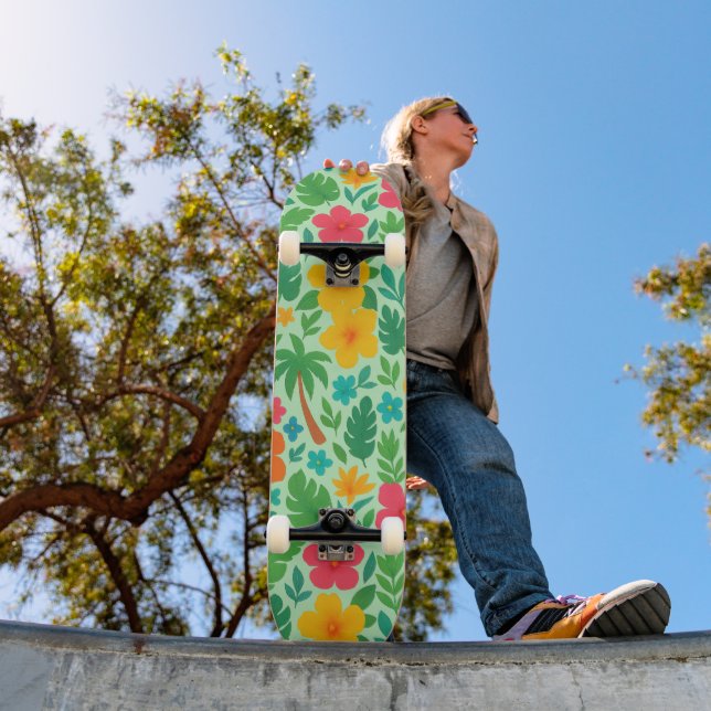 Tropical Paradise – Palm Leaves & Hibiscus Pattern Skateboard (Outdoor 1)