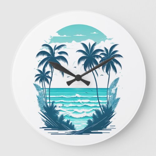 Tropical Paradise Palm Trees on the Beach  Large Clock