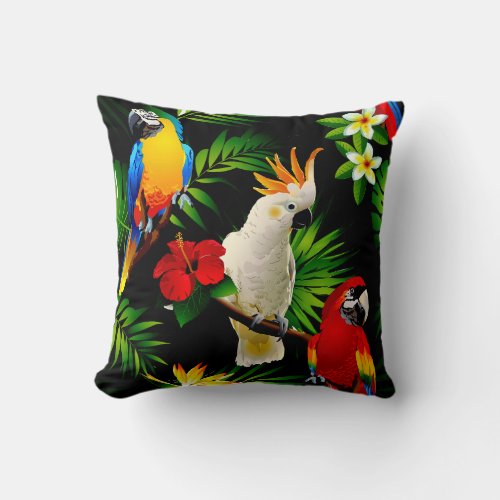 Tropical Paradise Parrots Throw Pillow