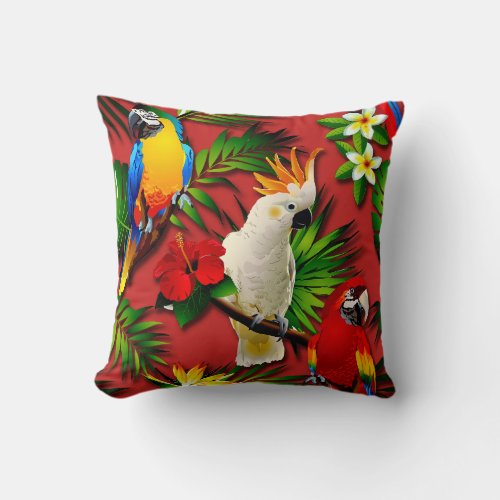 Tropical Paradise Parrots Throw Pillow