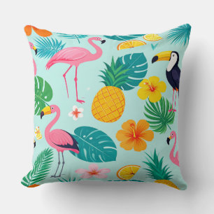 Tropical Paradise Pattern - Flamingos Hibiscus Mon Throw Pillow