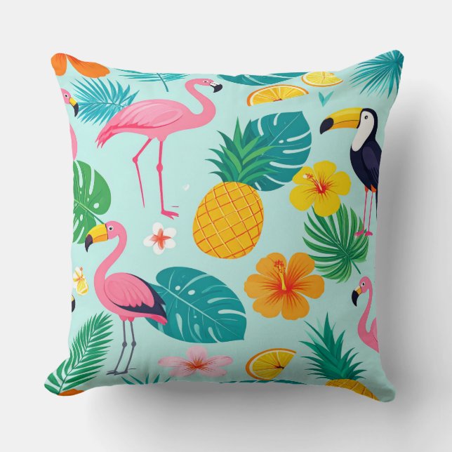 Tropical Paradise Pattern - Flamingos Hibiscus Mon Throw Pillow (Front)