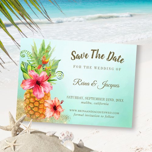 Tropical Paradise Pineapple Floral Bouquet Wedding Save The Date