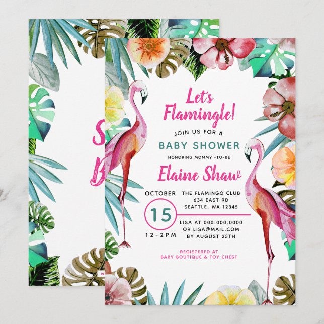 Tropical Paradise Pink Flamingo Baby Shower Invitation (Front/Back)