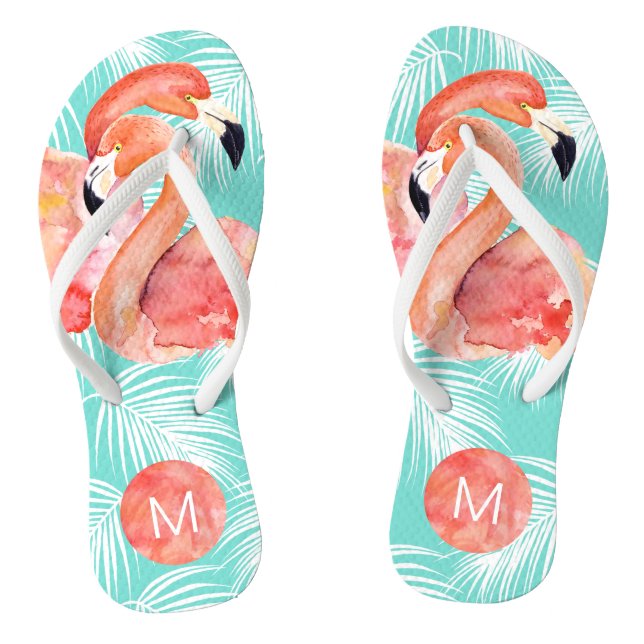 Tropical Paradise Pink Flamingos with Monogram Flip Flops (Footbed)