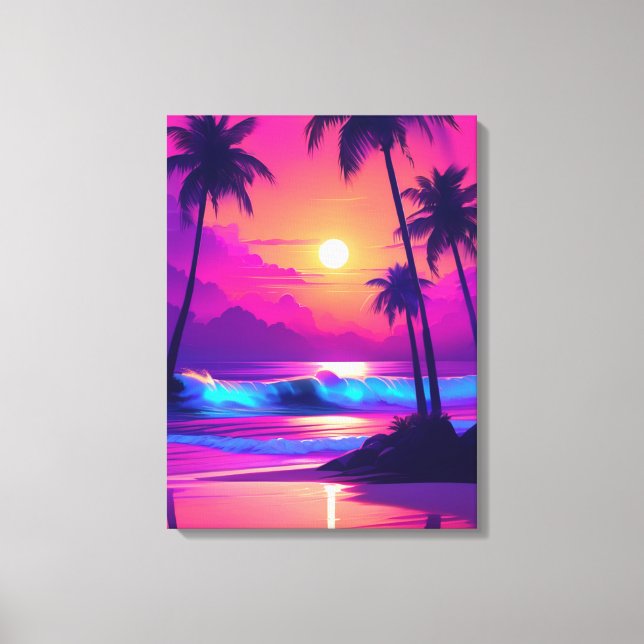 Tropical Paradise: Pink Sunset with Palm Trees Canvas Print (Front)
