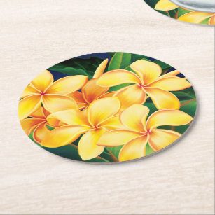 Tropical Paradise Plumeria Hawaiian Round Paper Coaster