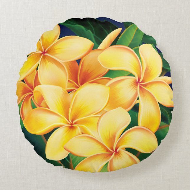 Tropical Paradise Plumeria Hawaiian Round Pillow (Front)