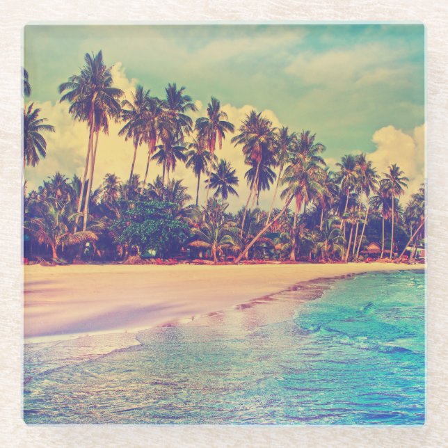 Tropical paradise: sea, hotel, beach. glass coaster (Front)