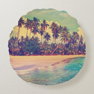 Tropical paradise: sea, hotel, beach. round pillow