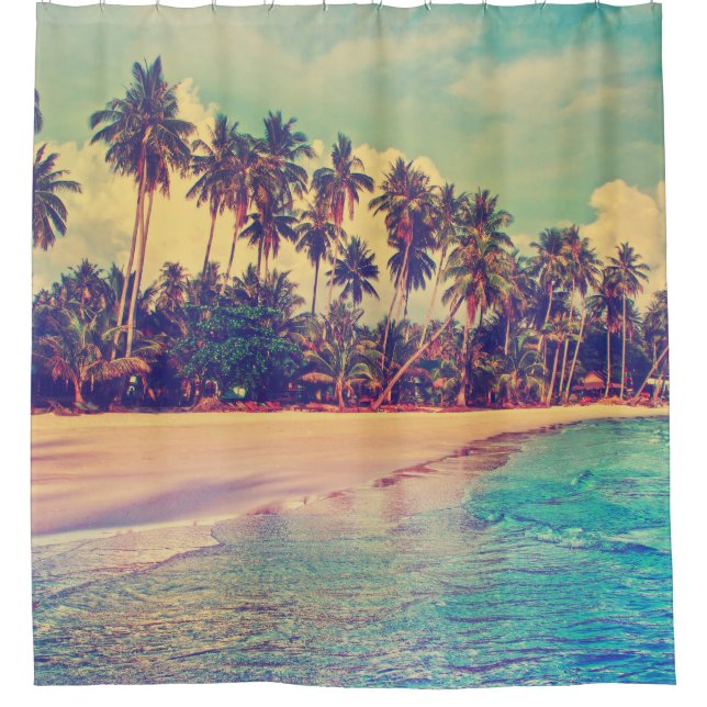 Tropical paradise: sea, hotel, beach. shower curtain (Front)