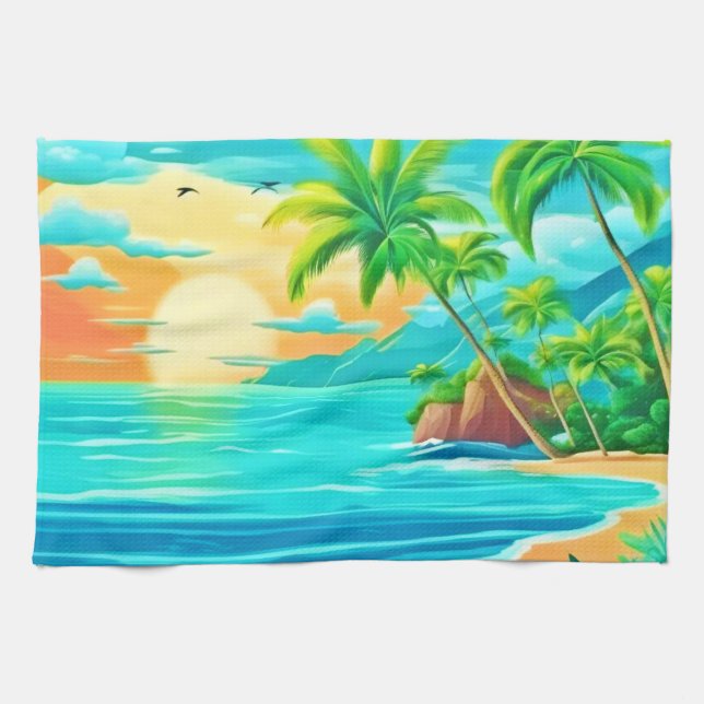 Tropical Paradise Sunset Coastline View Kitchen Towel (Horizontal)