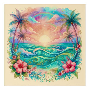 Tropical Paradise Sunset Pastel Watercolor Acrylic Print