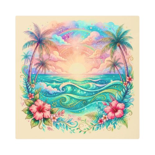 Tropical Paradise Sunset Pastel Watercolor Metal Print