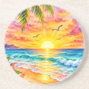 Tropical Paradise Sunset Watercolor Beach Art Coaster