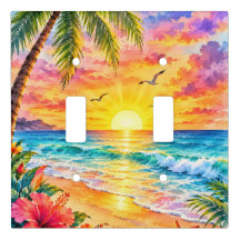 Tropical Paradise Sunset Watercolor Beach Art