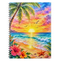 Tropical Paradise Sunset Watercolor Beach Art
