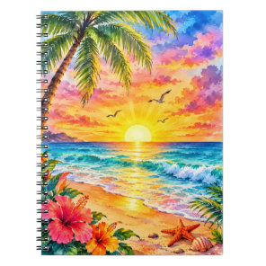 Tropical Paradise Sunset Watercolor Beach Art Notebook
