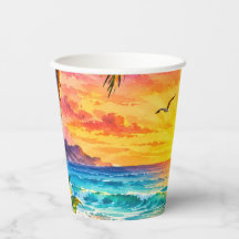 Tropical Paradise Sunset Watercolor Beach Art