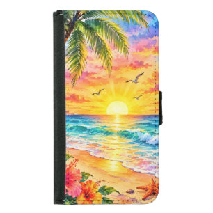 Tropical Paradise Sunset Watercolor Beach Art Samsung Galaxy S5 Wallet Case