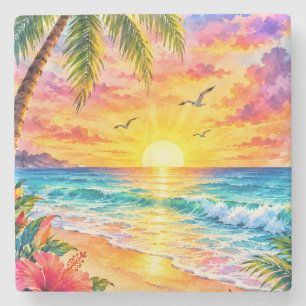 Tropical Paradise Sunset Watercolor Beach Art Stone Coaster